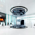 Modern Tech Display Area With Circular Glowing Structure Blue Yellow Lights Train Model And Console