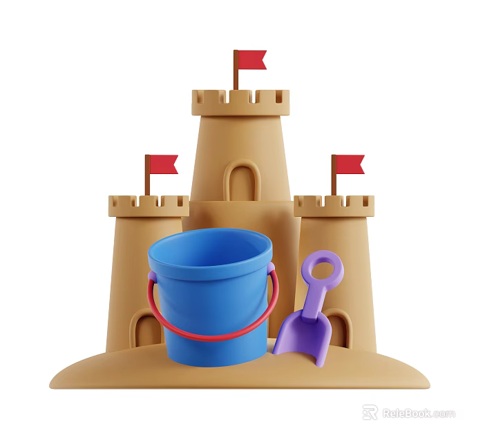 Beach Sandcastle Scene With Red Flags Blue Bucket And Purple Shovel 3d model 