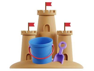 Beach Sandcastle Scene With Red Flags Blue Bucket And Purple Shovel 3d model