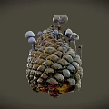 Natural Pine Cone With Small Mushrooms Growing On Its Textured Surface