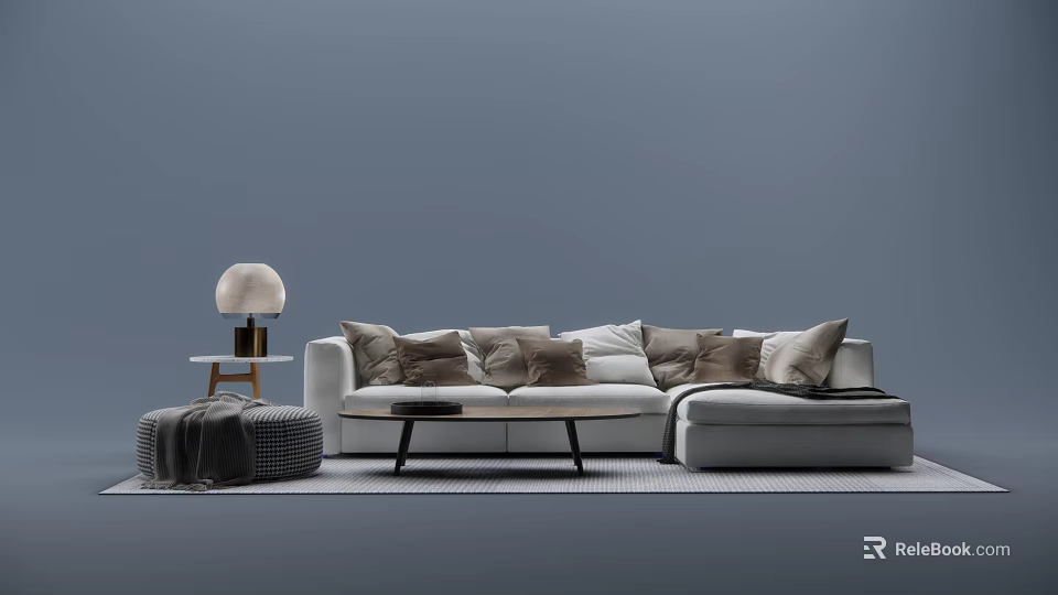 Modern Gray Sofa and Round Coffee Table Set with Cushions Side Table Lamp and Ottoman 3d model 