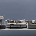 Modern Gray Sofa and Round Coffee Table Set with Cushions Side Table Lamp and Ottoman 3d model