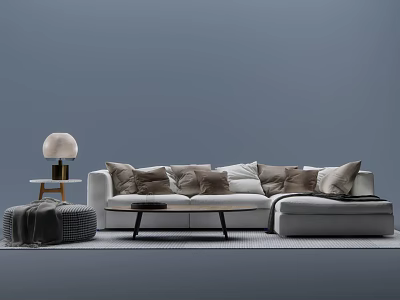 Modern Gray Sofa and Round Coffee Table Set with Cushions Side Table Lamp and Ottoman 3d model