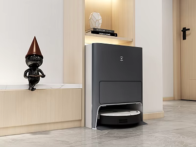Modern Interior Automatic Floor Cleaning Appliance With Wooden Stand And Small Decor 3d model