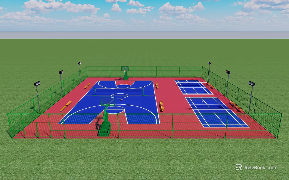 Outdoor Basketball Court with Green Fence Red Blue Surface Basketball Hoops and Lighting Poles 3d model 