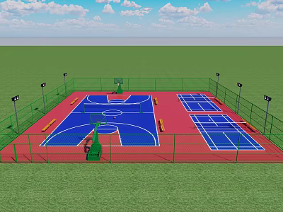 Outdoor Basketball Court with Green Fence Red Blue Surface Basketball Hoops and Lighting Poles 3d model