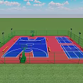 Outdoor Basketball Court with Green Fence Red Blue Surface Basketball Hoops and Lighting Poles