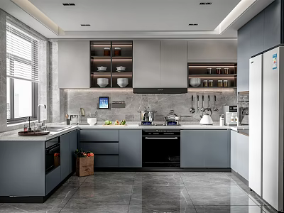 Modern Open Kitchen Interior Design With Gray Cabinets Island Counter And Appliances 3d model