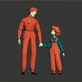 Tall Character In Orange Jumpsuit Holding Little Girl With Red Hair And Green Top