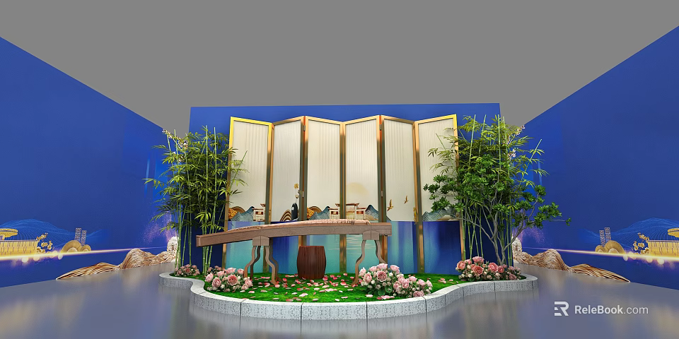 Elegant Chinese Themed Decorative Scene With Golden Framed Screen Bamboo Pink Flowers And Wooden Table 3d model 