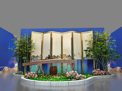 Elegant Chinese Themed Decorative Scene With Golden Framed Screen Bamboo Pink Flowers And Wooden Table 3d model