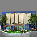 Elegant Chinese Themed Decorative Scene With Golden Framed Screen Bamboo Pink Flowers And Wooden Table