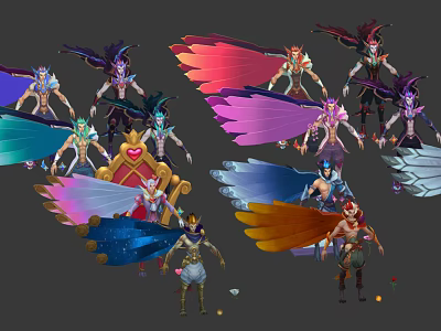 Game Movie Characters With Colorful Wings And Various Fantasy Costumes Designs 3d model