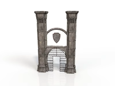 Medieval Stone Gate Structure With Two Pillars Shield Emblem And Iron Gate 3d model