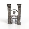 Medieval Stone Gate Structure With Two Pillars Shield Emblem And Iron Gate 3d model