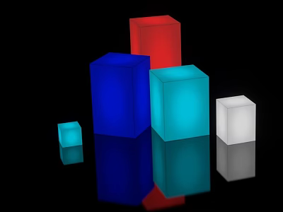 Colorful Cubes In Red Blue Cyan And White On Black Background With Reflections 3d model