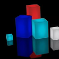 Colorful Cubes In Red Blue Cyan And White On Black Background With Reflections