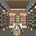 Specialty Store With Brick Walls Wooden Ceiling Shelves Fruit Baskets Green Boxes And Product Displays