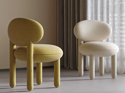 Modern Single Accent Chairs Yellow Cream Upholstered Rounded Backrest Cylindrical Legs Neutral Curtain Background 3d model