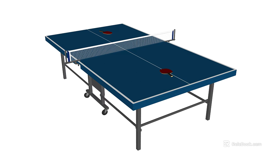 Sports Equipment Blue Ping Pong Table With Net Paddles And Rolling Wheels 3d model 