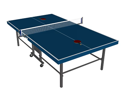 Sports Equipment Blue Ping Pong Table With Net Paddles And Rolling Wheels 3d model