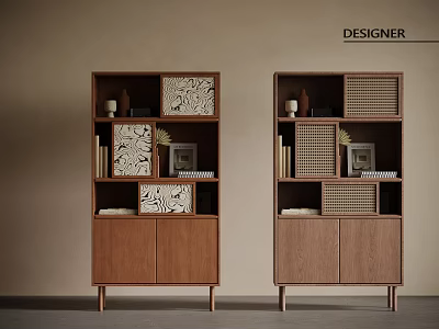 Modern Wooden Bookcases With Open Closed Compartments Patterned Panels And Decorative Items 3d model