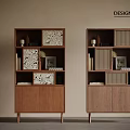 Modern Wooden Bookcases With Open Closed Compartments Patterned Panels And Decorative Items 3d model