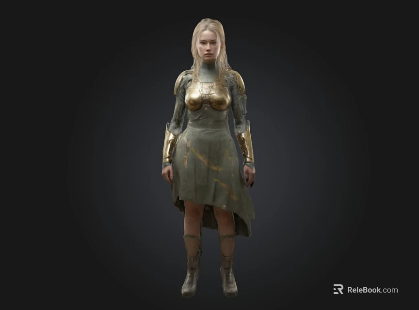 Female Warrior Character in Golden Armor With Green Dress and Gold Accents 3d model 