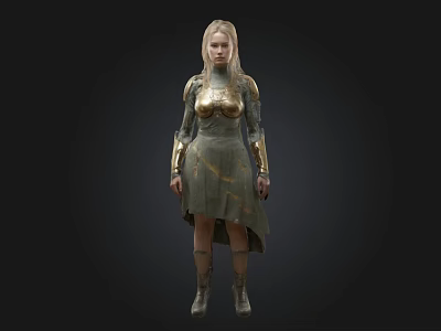 Female Warrior Character in Golden Armor With Green Dress and Gold Accents 3d model