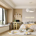 Kids Room Interior Design Featuring Bed Yellow Quilt Stuffed Lion Desk And Toys