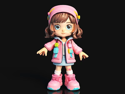 Cute Cartoon Doll With Pink Hat Brown Curly Hair Blue Eyes And Pink Outfit 3d model