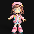 Cute Cartoon Doll With Pink Hat Brown Curly Hair Blue Eyes And Pink Outfit