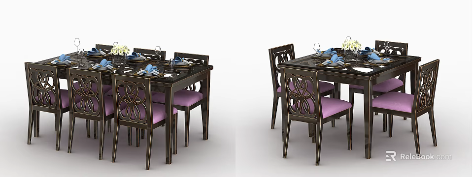 Dining Table Set With Dark Frame Floral Pattern Purple Seats And Tableware Flowers 3d model