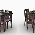 Dining Table Set With Dark Frame Floral Pattern Purple Seats And Tableware Flowers 3d model