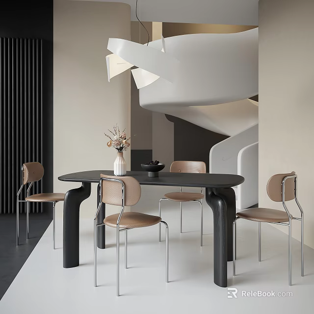 Modern Restaurant Interior Featuring Black Round Dining Table Beige Chairs Flower Vase White Spiral Staircase 3d model 