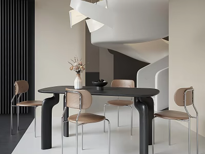 Modern Restaurant Interior Featuring Black Round Dining Table Beige Chairs Flower Vase White Spiral Staircase 3d model