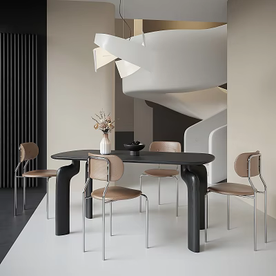 Modern Restaurant Interior Featuring Black Round Dining Table Beige Chairs Flower Vase White Spiral Staircase 3d model