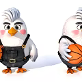 Cartoon Chicken Sculpture Wearing Overalls Holding Basketball White Feathers Gray Crest