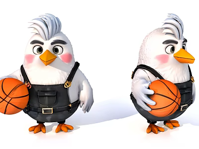 Cartoon Chicken Sculpture Wearing Overalls Holding Basketball White Feathers Gray Crest 3d model