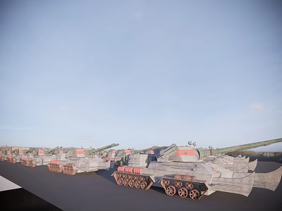 Multiple Military Tanks Arranged in Outdoor Field Under Clear Blue Sky 3d model