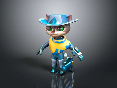Animated Game Movie Character Cute Cat With Blue Hat Green Eyes And Yellow Blue Outfit 3d model