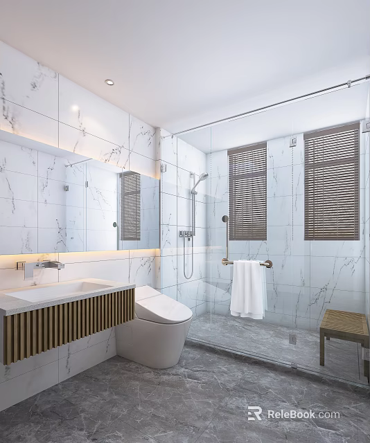 Modern Bathroom Interior With White Marble Tiles Glass Shower Enclosure Toilet Sink And Wooden Blinds 3d model 