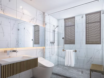 Modern Bathroom Interior With White Marble Tiles Glass Shower Enclosure Toilet Sink And Wooden Blinds 3d model