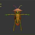 Orange Mantis 3D Model With Outstretched Limbs And Hat Like Structure Against Dark Background
