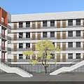 Red And White Multi Story School Teaching Building With Courtyard Large Tree And White Stairs