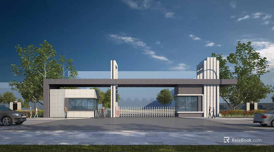 Modern Entrance Gate With Columns Overhead Structure And Surrounding Green Trees 3d model