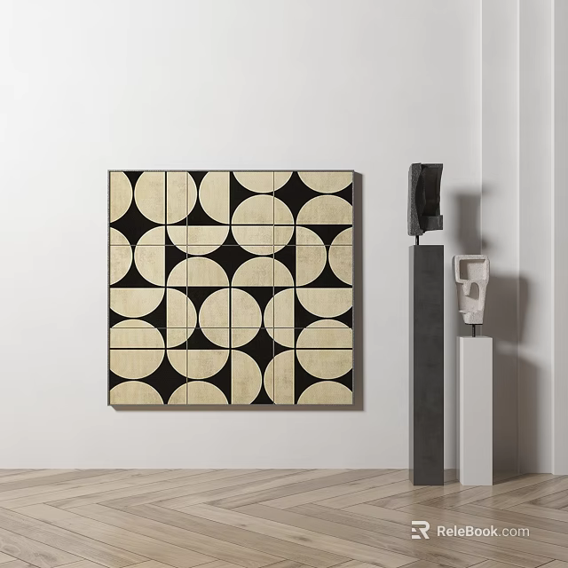 Modern Interior Featuring Geometric Pattern Artwork And Sculptures 3d model