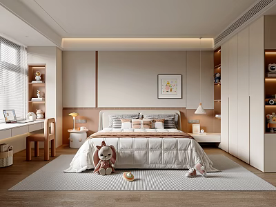 Cozy Kids Room Interior Design With Bed Desk And Stuffed Toys 3d model