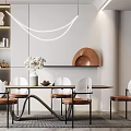 Modern Dining Set With White Table Brown Chairs Hanging Lights And Decorations 3d model