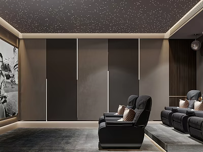 Home Theater Interior Design Featuring Starry Ceiling Dark Walls And Black Leather Recliners 3d model